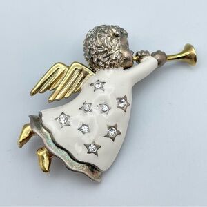 Vintage Angel Rhinestone Brooch Gold Silver Tone Enamel Trumpet